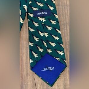 Nautica Mens Silk Tie Green Geometric Sail Pattern Vintage Retro 90s Preppy Rare